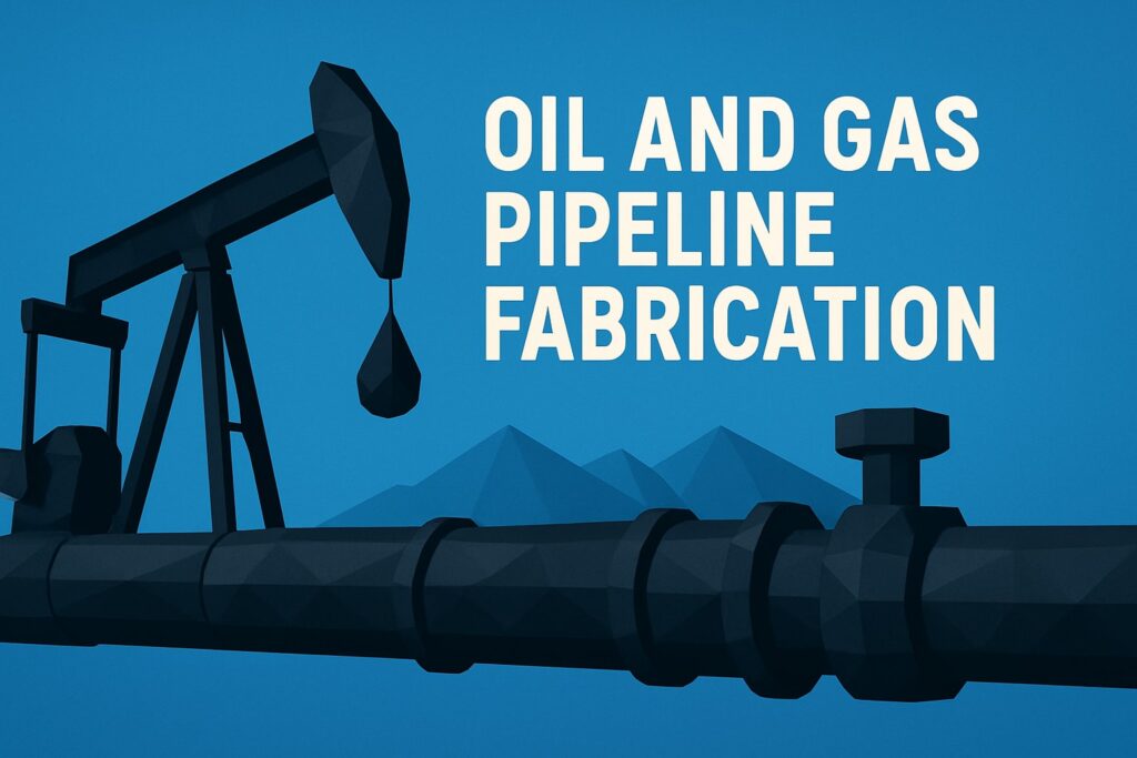 Oil and gas pipeline fabrication graphic featuring a pump jack and pipeline, relevant to contractors in Western US industrial services.