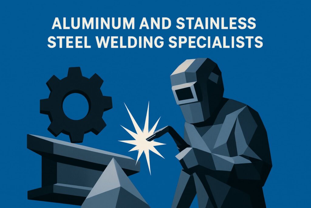 Aluminum and stainless steel welding specialist working with welding equipment, gear icon, and sparks on a blue background.
