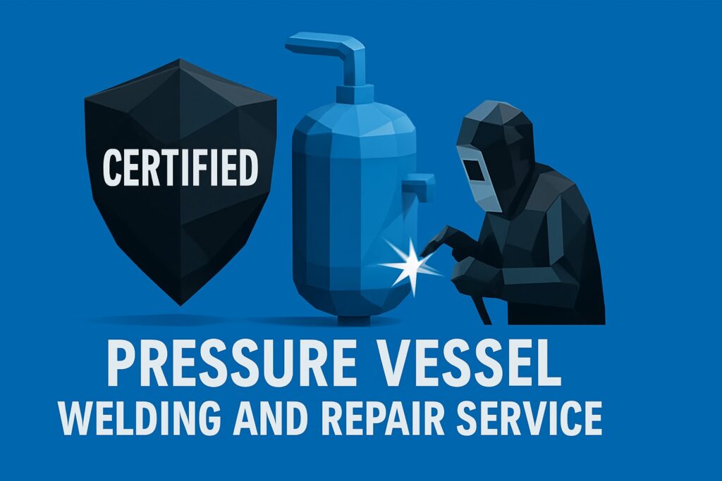 Certified pressure vessel welding and repair service graphic featuring a welder working on a blue pressure vessel, with a shield labeled "CERTIFIED" in the background.