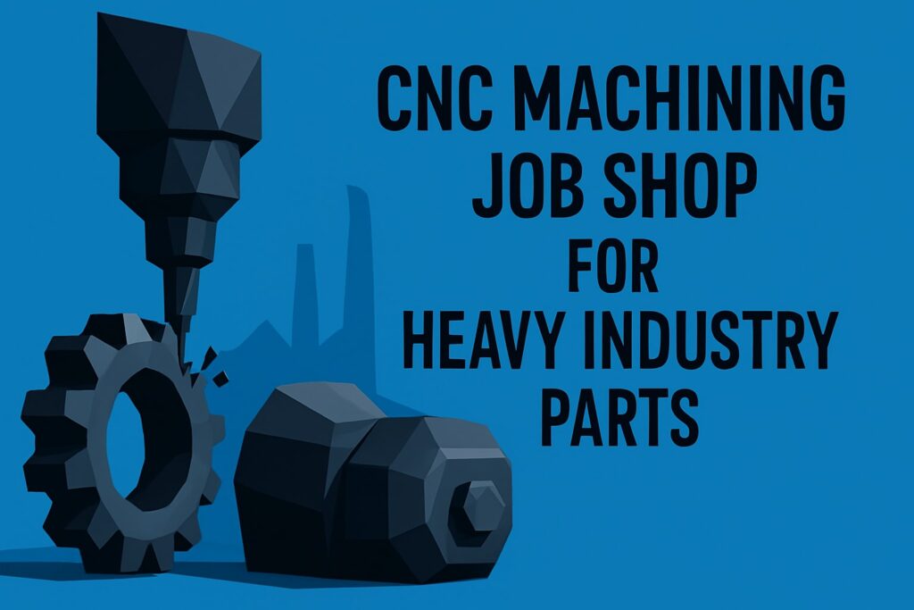 CNC machining job shop graphic featuring a drill and heavy industry parts, emphasizing precision and reliability in manufacturing processes.