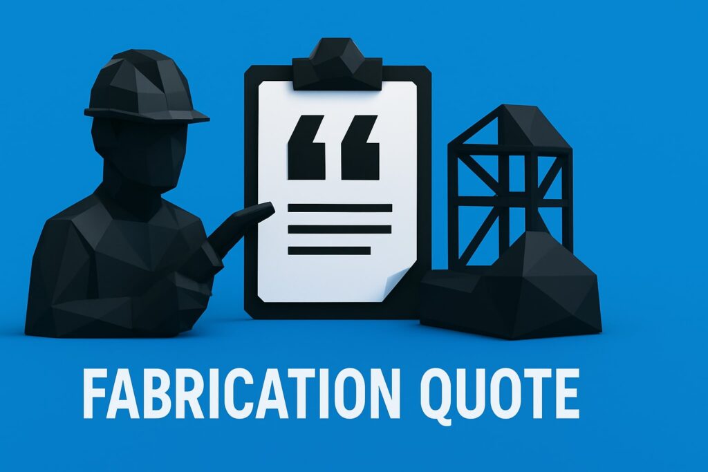 3D illustration of a construction worker pointing to a clipboard with a fabrication quote, accompanied by a geometric structure, emphasizing fabrication services and quote evaluation.