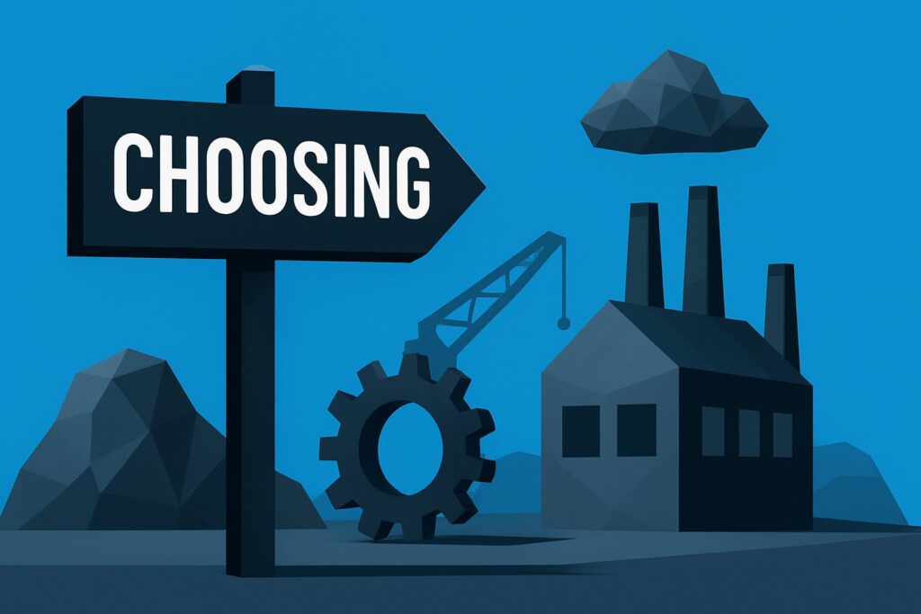Signpost reading "CHOOSING" with industrial factory and gear icon, representing guidance for selecting an industrial manufacturing company in 2026.