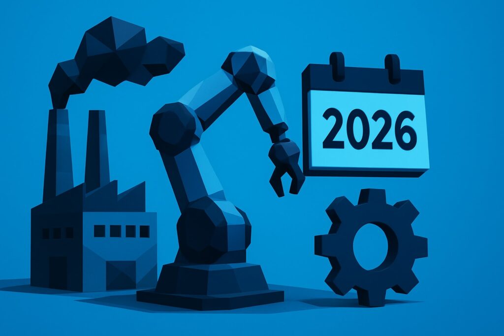 Industrial manufacturing illustration featuring a robotic arm, factory silhouette, gear, and calendar marking 2026, symbolizing strategies for success in the industry.