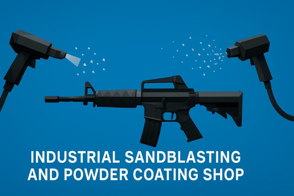 Industrial sandblasting and powder coating equipment with spray guns and a stylized rifle on a blue background, relevant to the 2026 guide for industrial services.