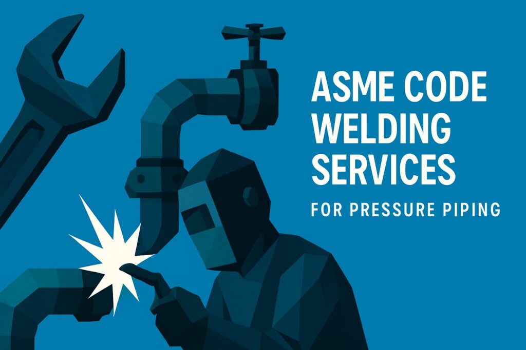 ASME code welding services illustration featuring a welder working on pressure piping, with a wrench and sparks, emphasizing industrial welding services compliance.