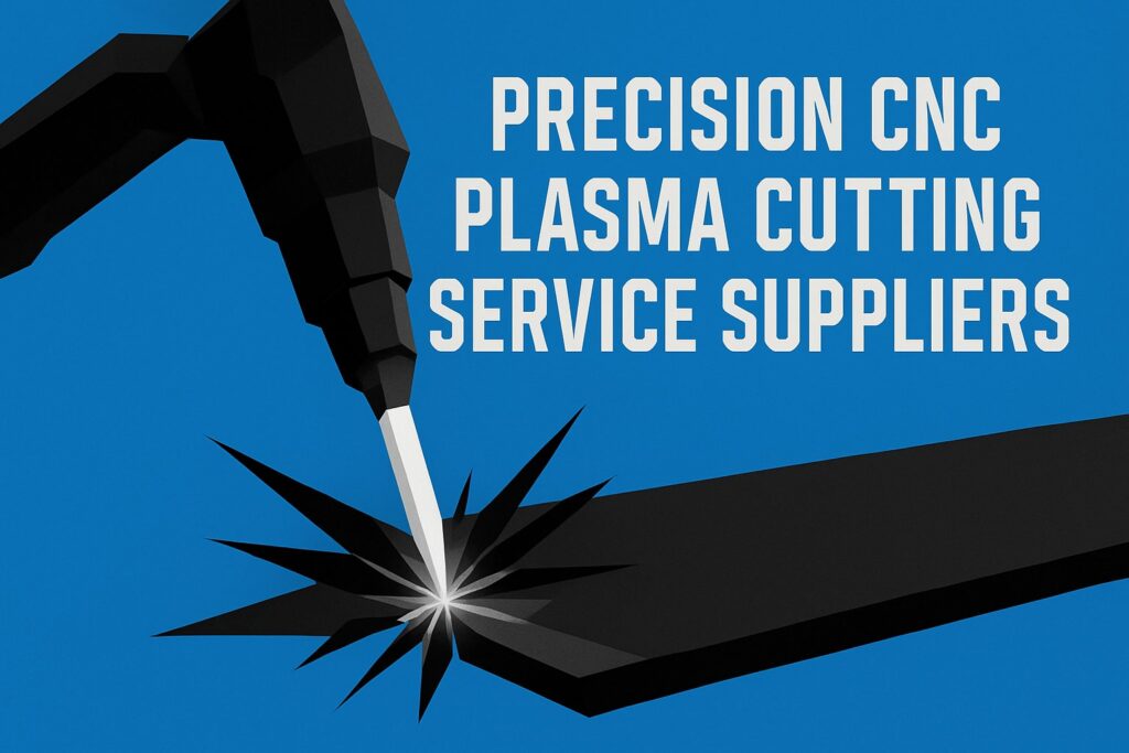 Precision CNC plasma cutting service suppliers graphic with cutting torch and metal work illustration.