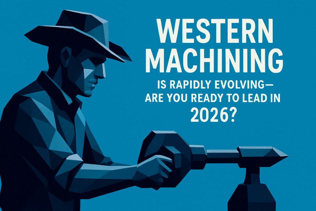 Western machining graphic featuring a worker with a tool, emphasizing evolution and leadership in 2026.