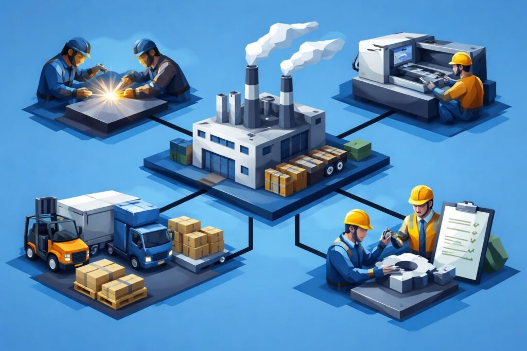 Industrial workers welding and inspecting components, factory with smokestacks, delivery trucks, and boxes, illustrating operational efficiency in industrial services.