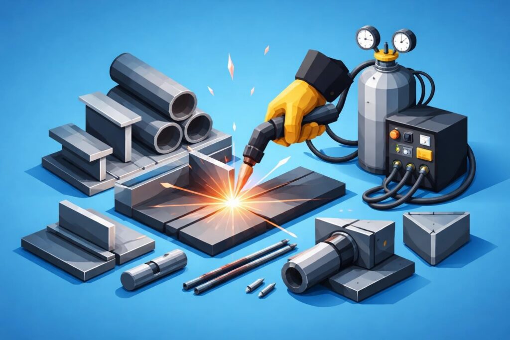 Welding equipment and metal materials with a welding torch creating sparks, illustrating materials welding processes for industrial operations.